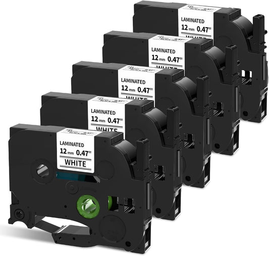 5 Pack Replacement for TZe-231 P Touch Label Tape Compatible with Brother P-Touch (TZ231 TZe231) Standard Laminated 12mm, Black on White, for Label Maker Tape PTH110 PT-D210 D220 D200 H100