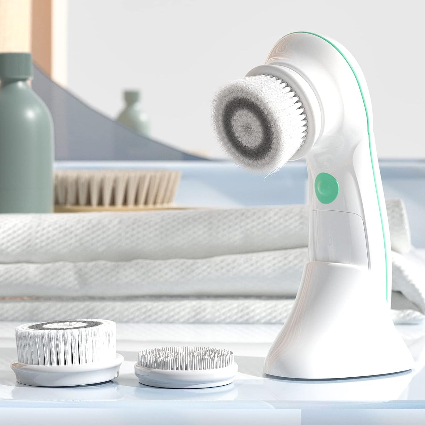 TOUCHBeauty Facial Cleansing Brush Electric, Face Cleansing Brush with Stand, 3 Brush Heads, 2 Speeds, IPX5 Waterproof, Battery-Powered, Suitable for All Skin Types, AG-0759D, White