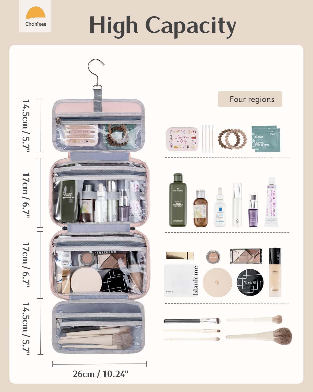 Chakipee Travel Hanging Toiletry Bag for Women - Waterproof Toiletries Bag Cosmetic Organizer Lightweight Bathroom with Clear Window for Essentials, Makeup, Shampoo Pink Medium