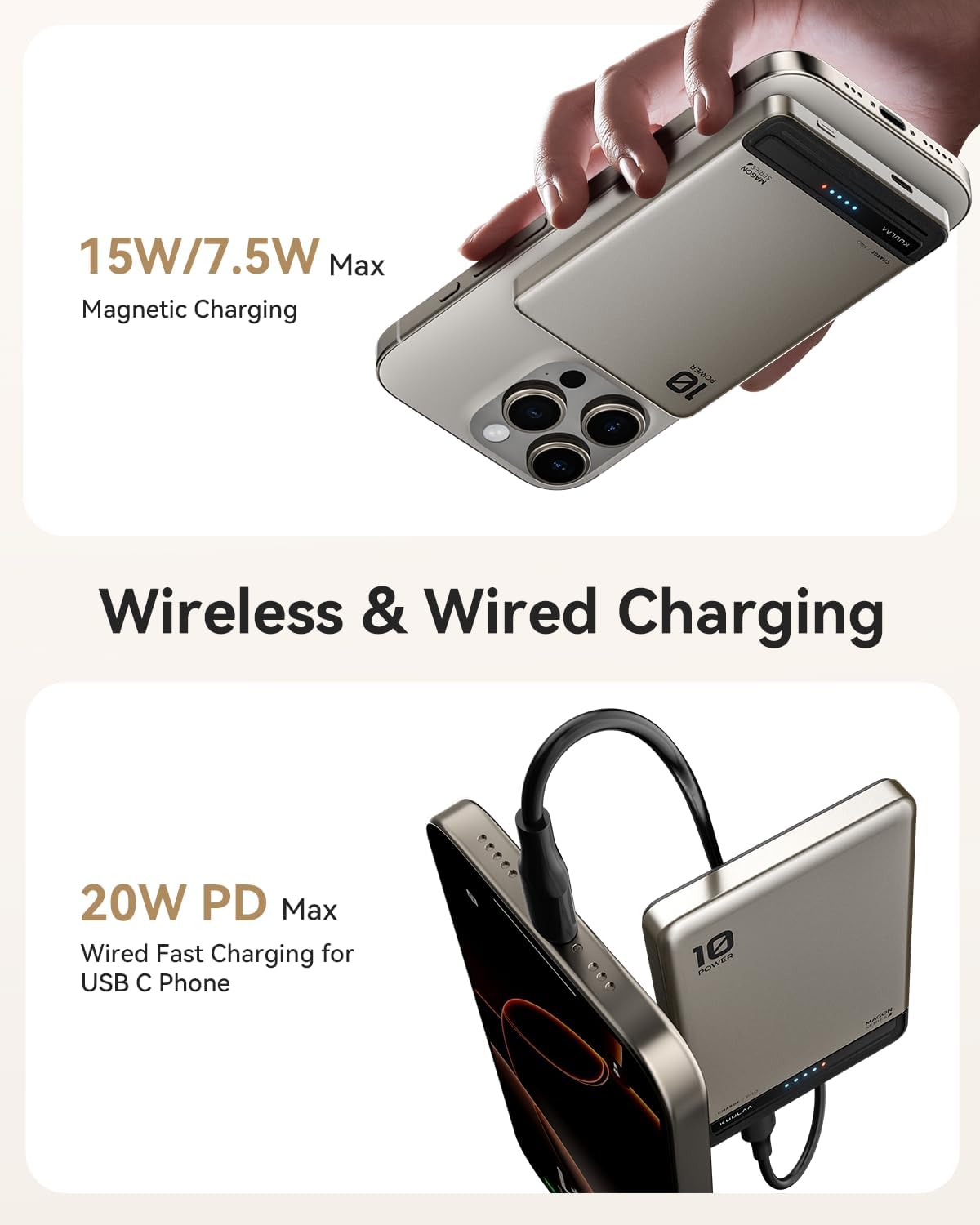 Kuulaa Power Bank Magsafe 10000mAh, Magnetic Wireless Power Bank PD 20 W, Mini Magsafe Portable Charger Compatible with iPhone 16/15/14/13/12 Serie - Black Titanium