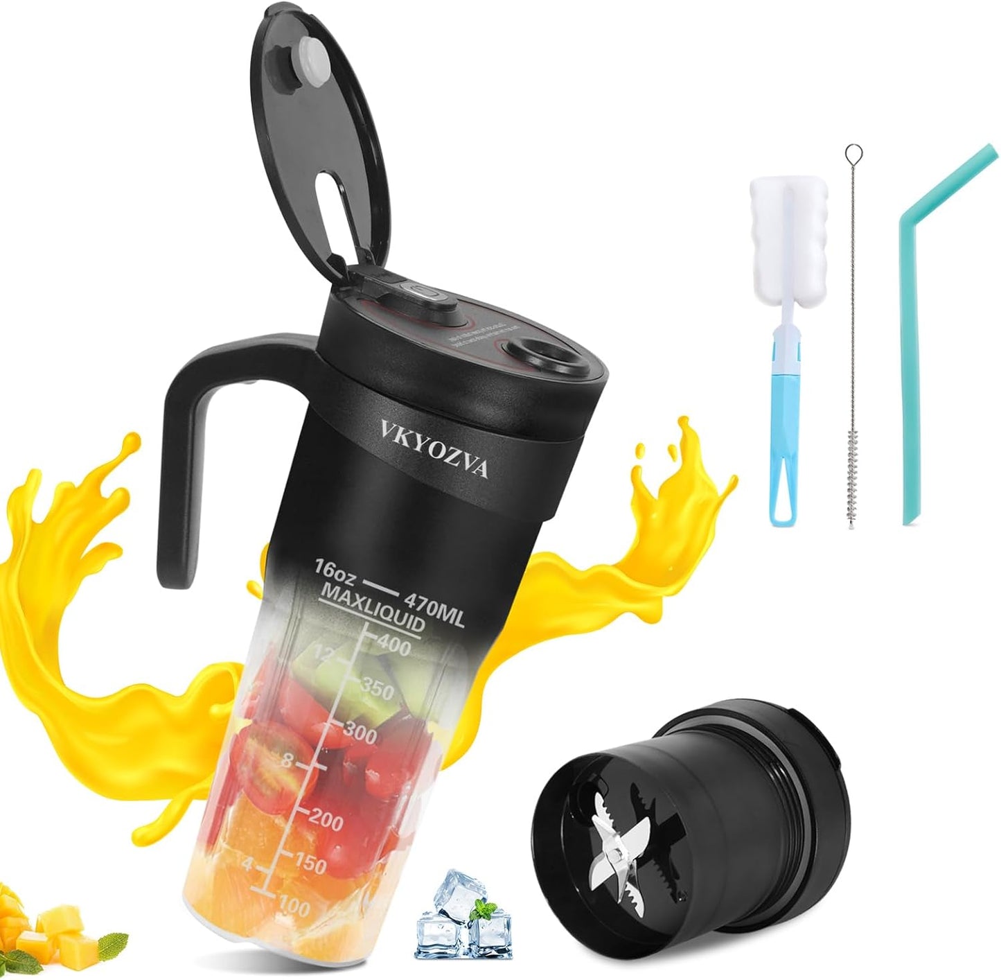 VKYOZVA Portable Blender, 20 Oz Travel Blender USB-C Rechargeable with 6 -leaf Stainless Steel Blades, BPA Frees, Personal Blender for Shakes and Smoothies,Suitable for Family Travel Gyms, Black