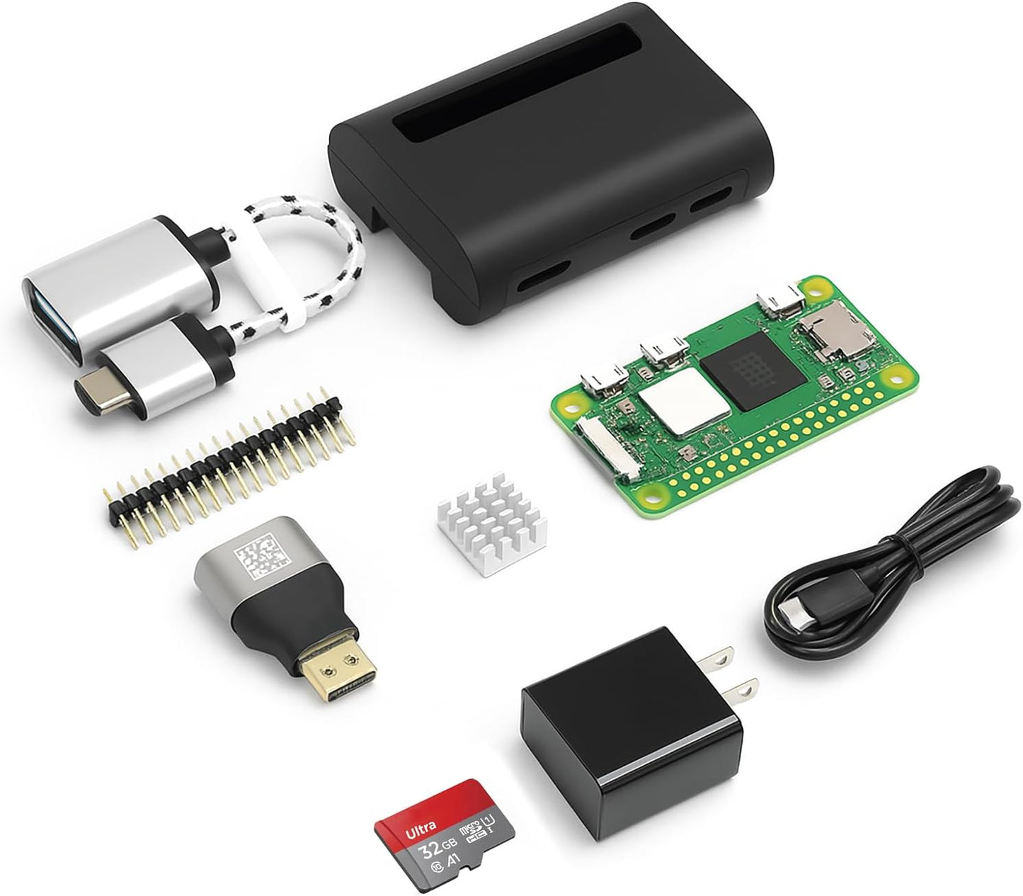 Pi Zero 2 W Base Kit - Includes Official Raspberry Pi Zero 2 W, Aluminum Alloy Mini HDMI to HDMI Adapter, Glossy Black Case, Heat Sink, Color-Coded 20-Pin GPIO Header, and Micro USB OTG Cable