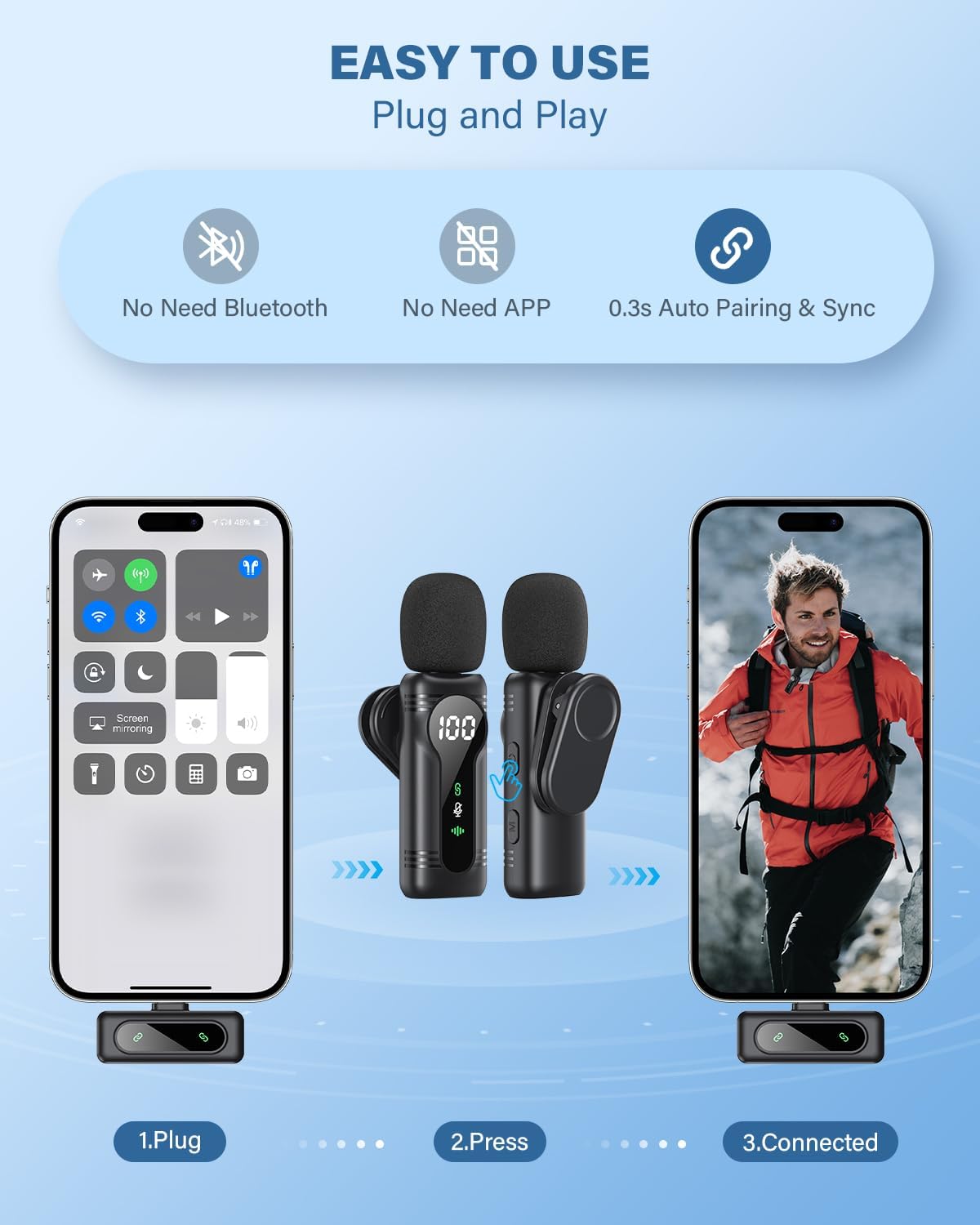 Wireless Lavalier Microphone Dual Set – Plug & Play Clip-on Mic with Auto Pairing, Magnetic Mount, Noise Cancelling, for iPhone, Android, USB-C Devices, YouTube, Podcast & Video Recording