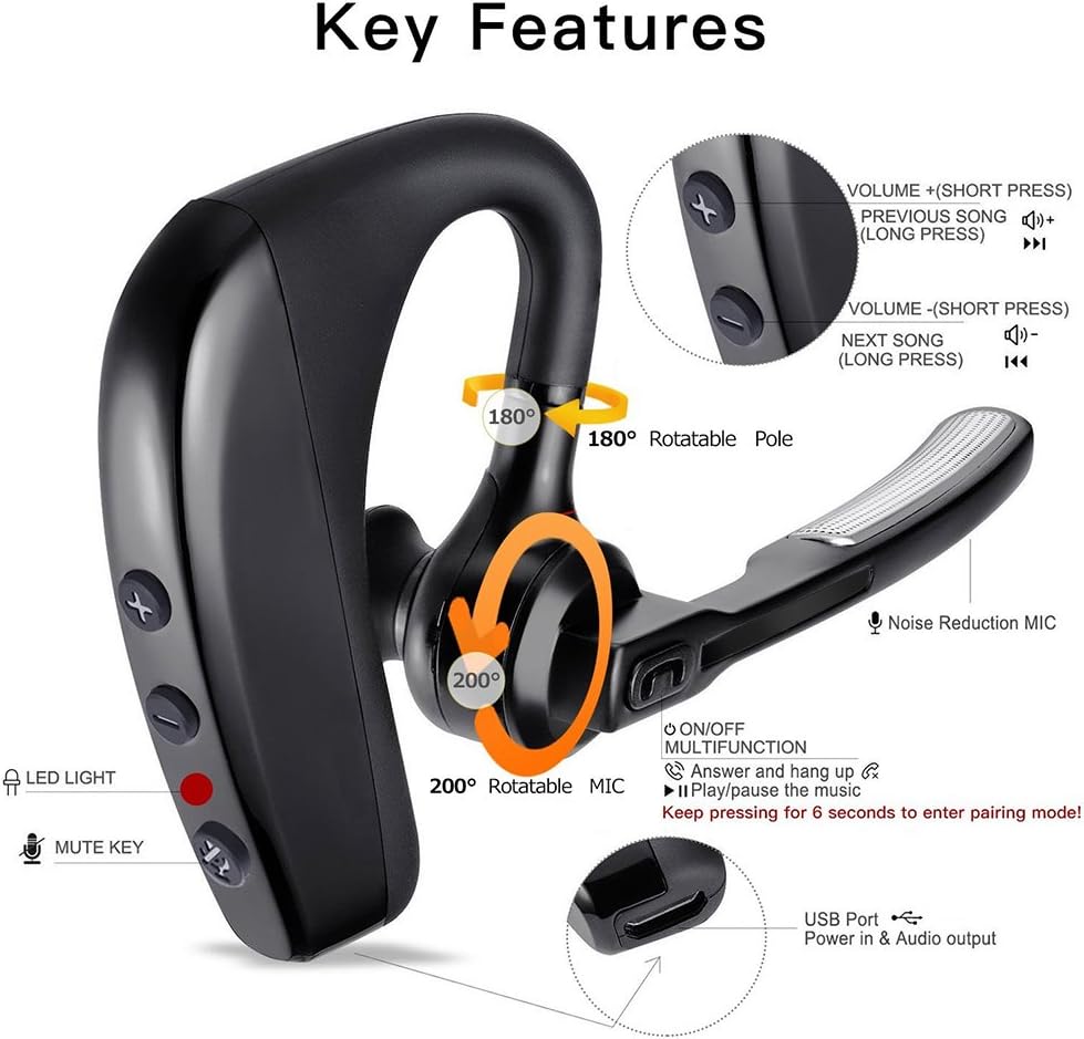 Bluetooth Headset Wireless Headphones, Bluetooth Ear Hanging Earpiece with Mic Mute Switch, Handsfree Earphone Business Trucker Driving Compatible for iPhone Cellphone