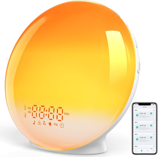 Sunrise Alarm Clock for Heavy Sleepers, Smart Wake Up Light with Sunrise/Sunset Simulation, App Controlled, Natural Sounds & FM Radio, 7 Alarms & Snooze, 11 Colors Night Light for Bedroom