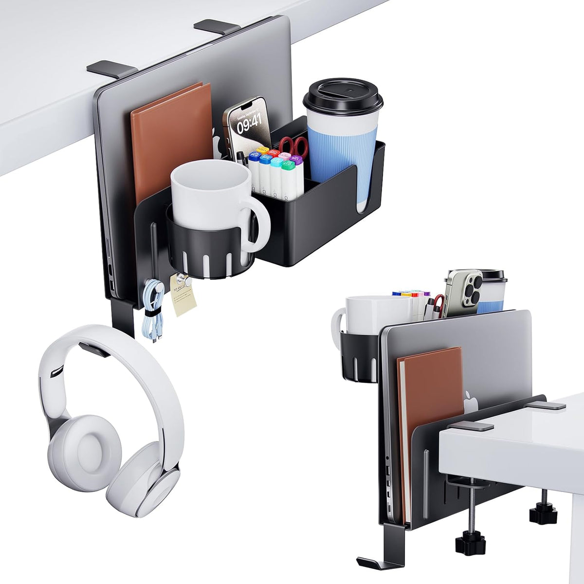 7-in-1 Desk Side Organizer | Under Desk Laptop Holder | Desk Storage Organizer | Office Desk Organizer | Multipurpose Desk Organizer | Laptop Mount with Cup Holder - PuriLite