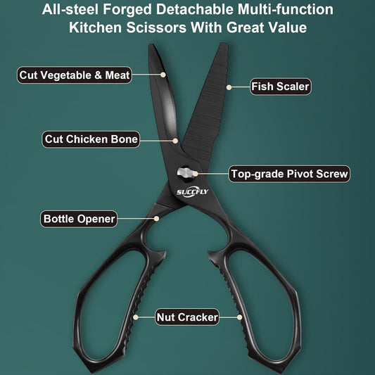 Premium Kitchen Shears Heavy Duty, Kitchen Scissors Stainless Steel, Sharp Poultry Shears, Food Scissors for Vegetable, Chicken, Meat, Fish, Detachable Scissors All Purpose with Black Titanium Plated
