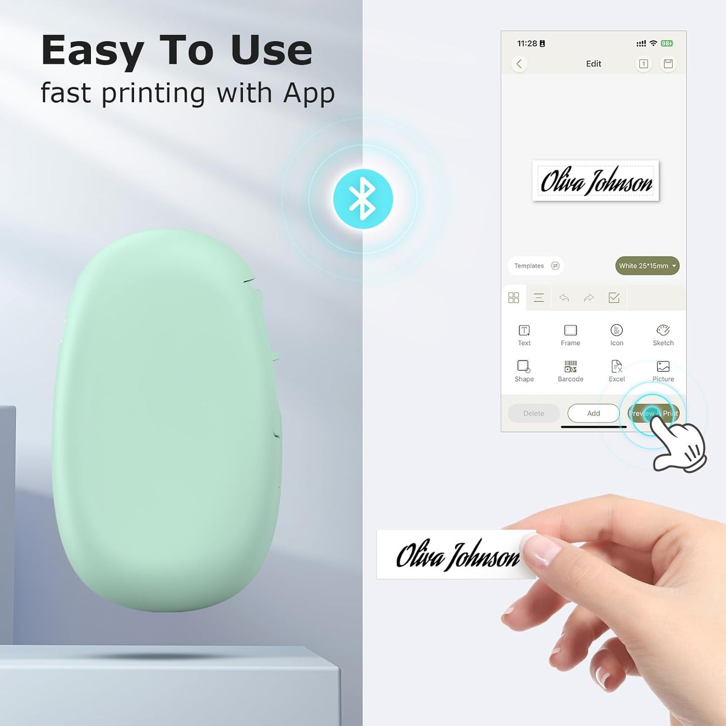 SUPVAN E10 Mini Bluetooth Label Maker Machine with Tape, Continuous Waterproof Label, Versatile App with 40+ Fonts and 600+ Icons, Inkless Labeler for Home, Kitchen, School, Office Organization, Green