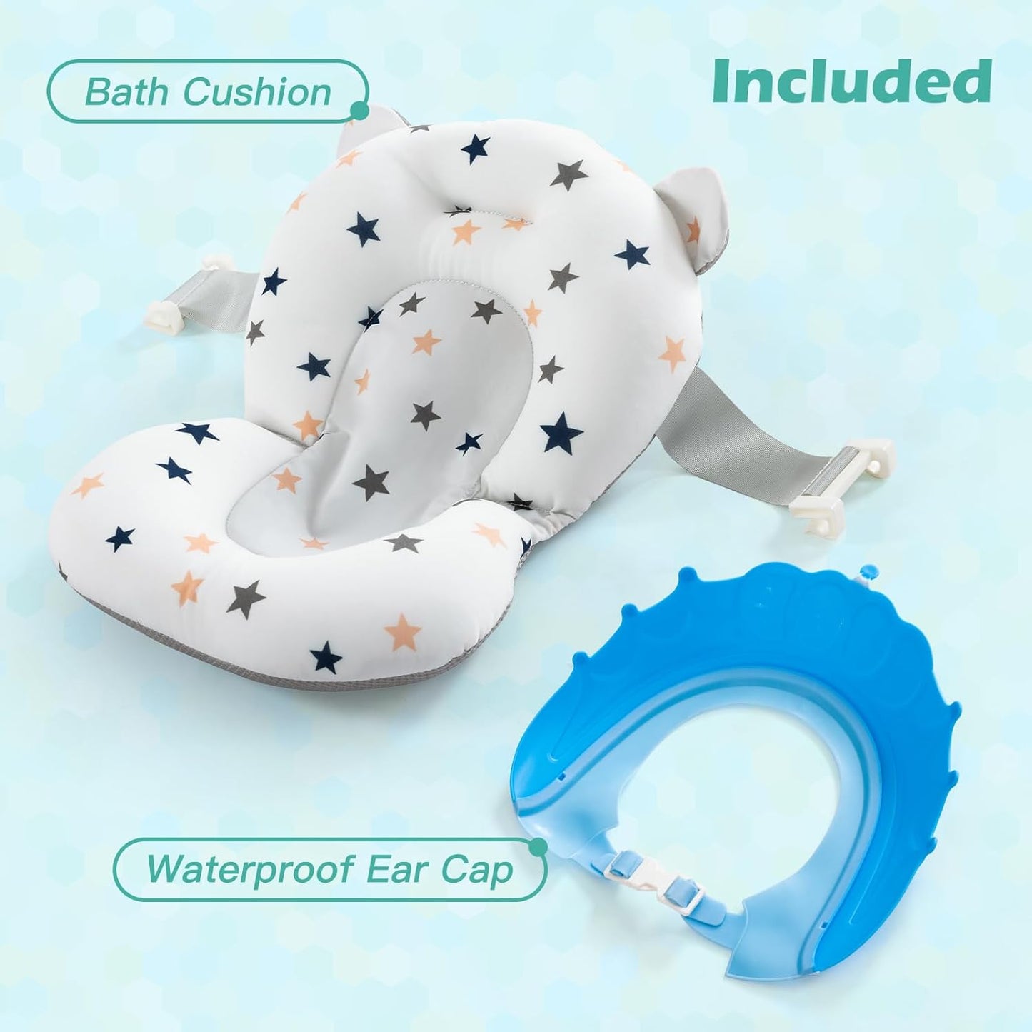 nordmiex Foldable Baby Bathtub for Infants to Toddler,Portable Travel Multifunctional with Drain Hole,Collapsible Newborn 0-36 Month (Blue White+Baby Bath Cushion+Waterproof Ear Cap)