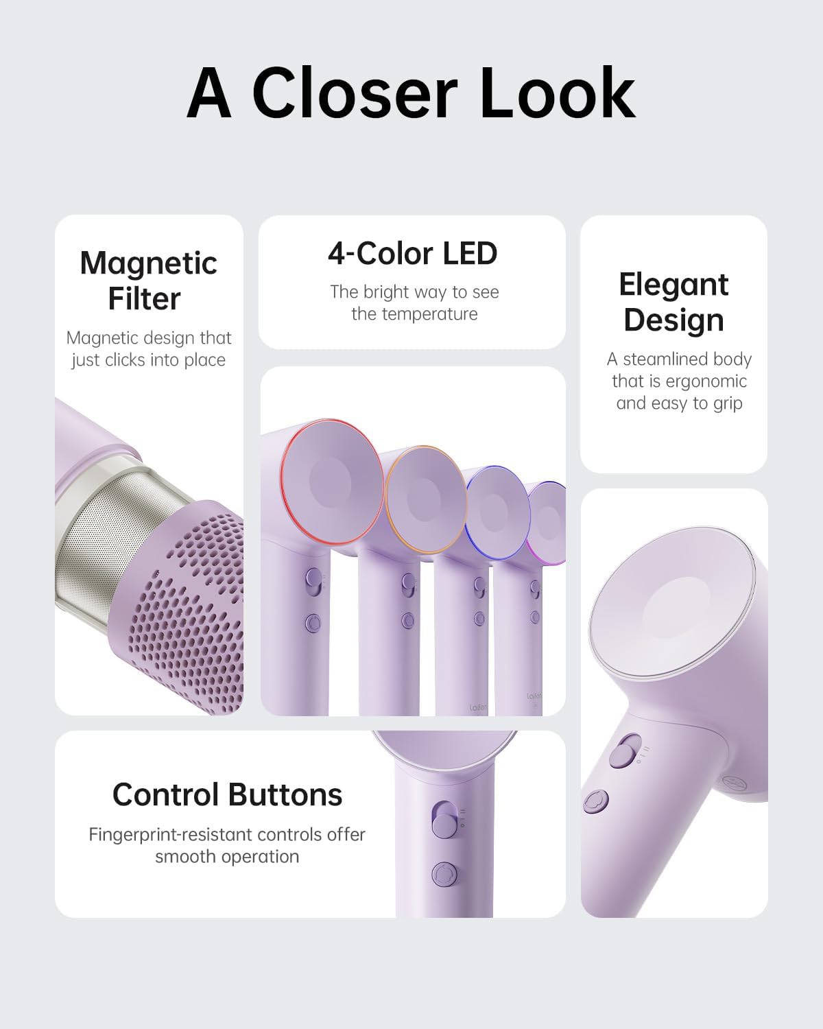Laifen Hair Dryer SE, Blow Dryer with Diffuser & Nozzle for Curly Hair, 200M Ionic Hair Dryer with 105,000 RPM Low Noise Brushless Motor for High-Speed Drying, for Travel & Home 2024 Upgraded (Purple)