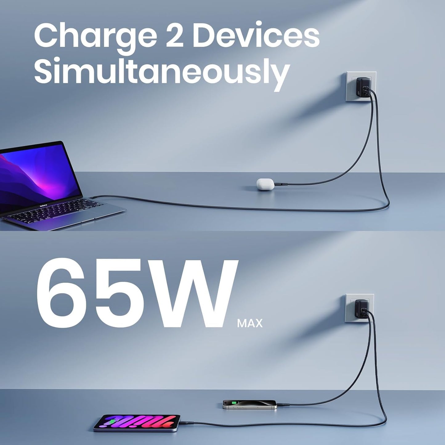 INIU USB C Charger, 65W Fast Charging GaN Wall Charger, 2-Port Compact Foldable PD PPS Charger Block for MacBook Pro/Air, iPad Pro, iPhone 16/15, Galaxy S23, Dell XPS 13, Note 20/10+, Steam Deck