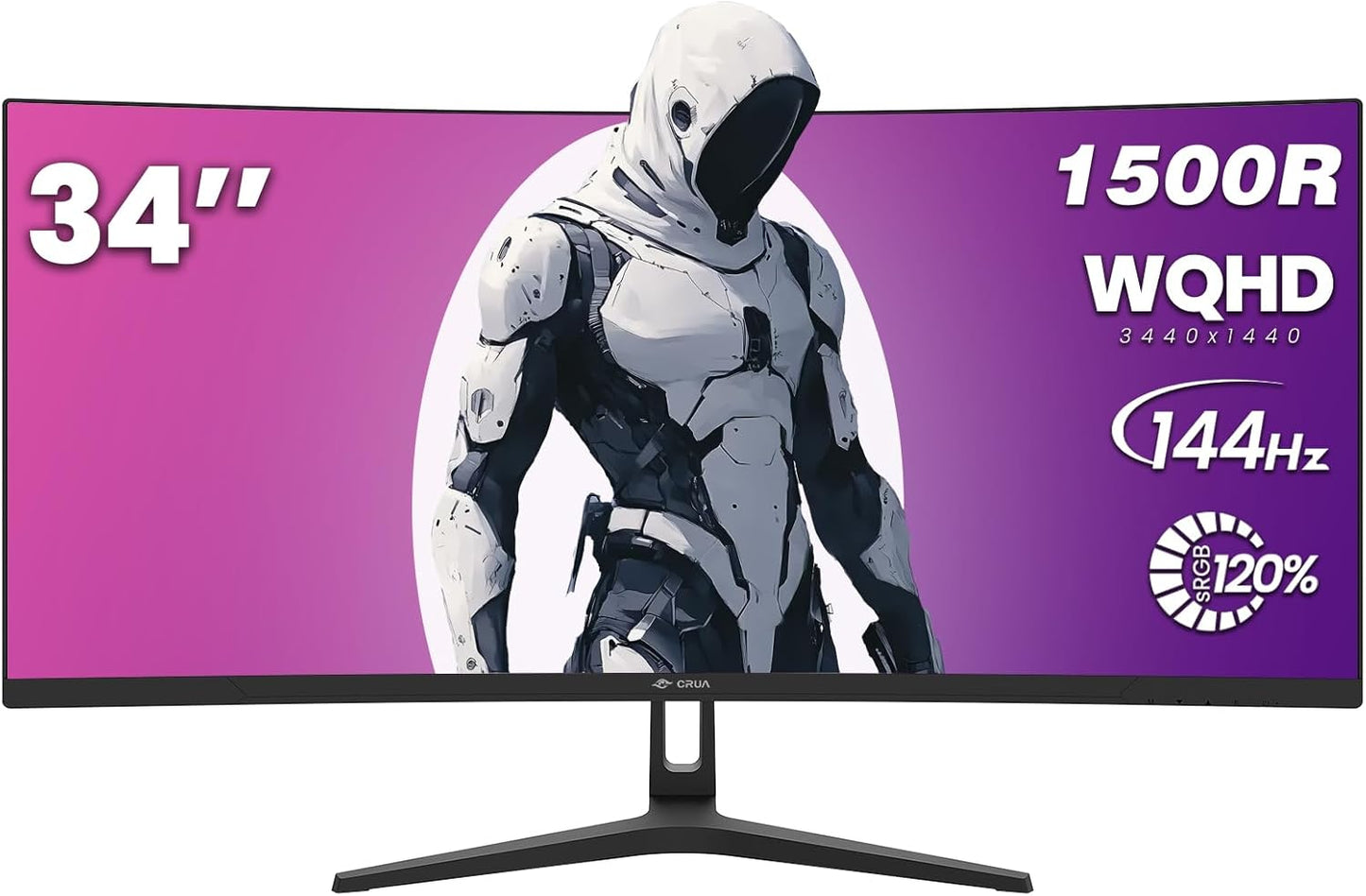 CRUA 34 Inch Gaming Monitor 144Hz, WQHD 3440X1440P Ultrawide Curved Monitor, 21:9 1500R 120% sRGB Computer Display Support Freesync, PIP/PBP, HDMI 2.0 & DP 1.4, Wall Mountable/Tilt Adjustable-Black