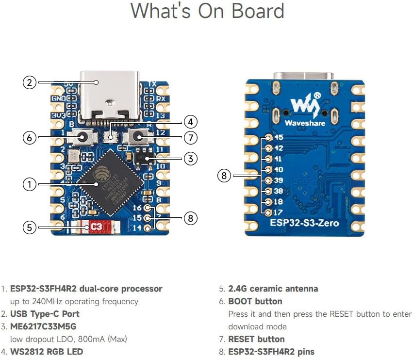 Waveshare 3PCS ESP32-S3 Mini Development Board, Based On ESP32-S3FH4R2, Onboard Multi-Function GPIO Pins, Dual-Core Processor, 240MHz Running Frequency,Microcontroller
