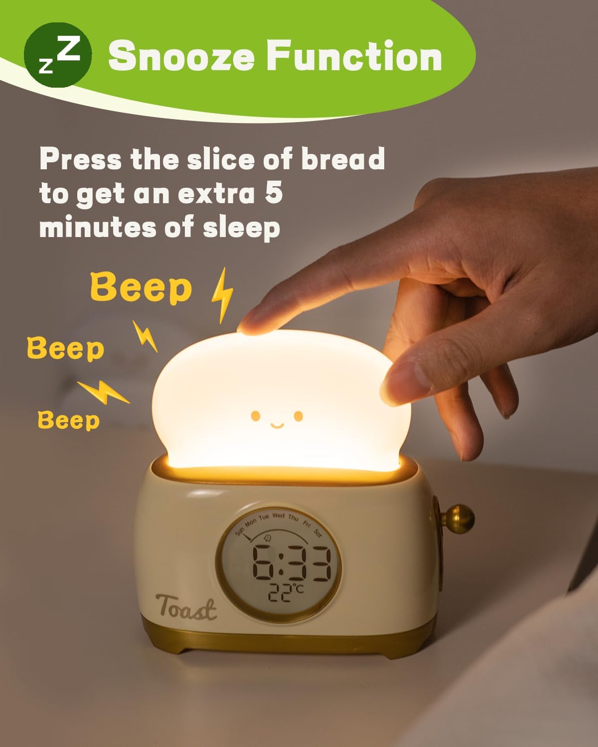 Alarm Clock for Kids, Cute Toast Night Light Alarm Clocks for Bedrooms, Dimming Rechargeable Small Led Desk Clock with Snooze & Countdown for Room Decor, Bedside Clock for Teen Girls Boys,Green