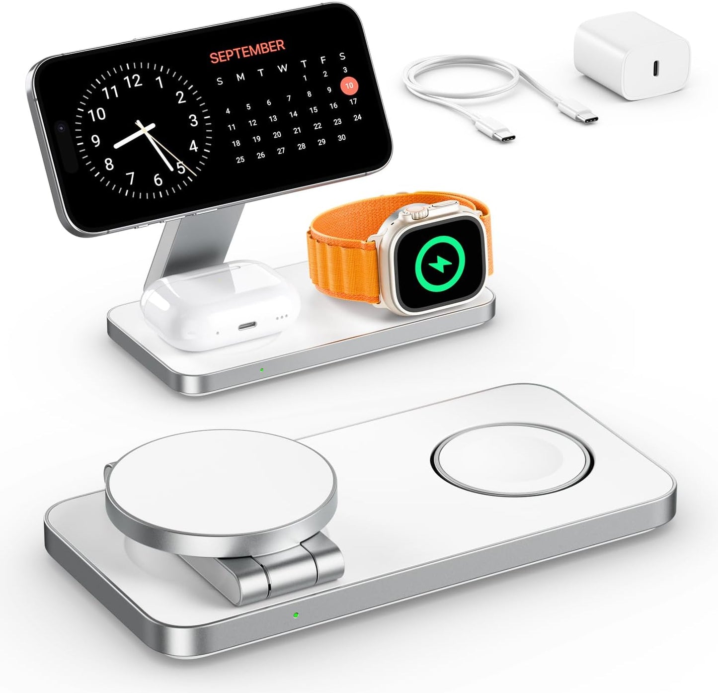 EXW Foldable 3 in 1 Wireless Charging Station for Apple Compatible with Magsafe Charger Stand, Travel Wireless Charger for iPhone 16 15 14 13 12 Series, Airpods, Apple Watch (18W Adapter Included)