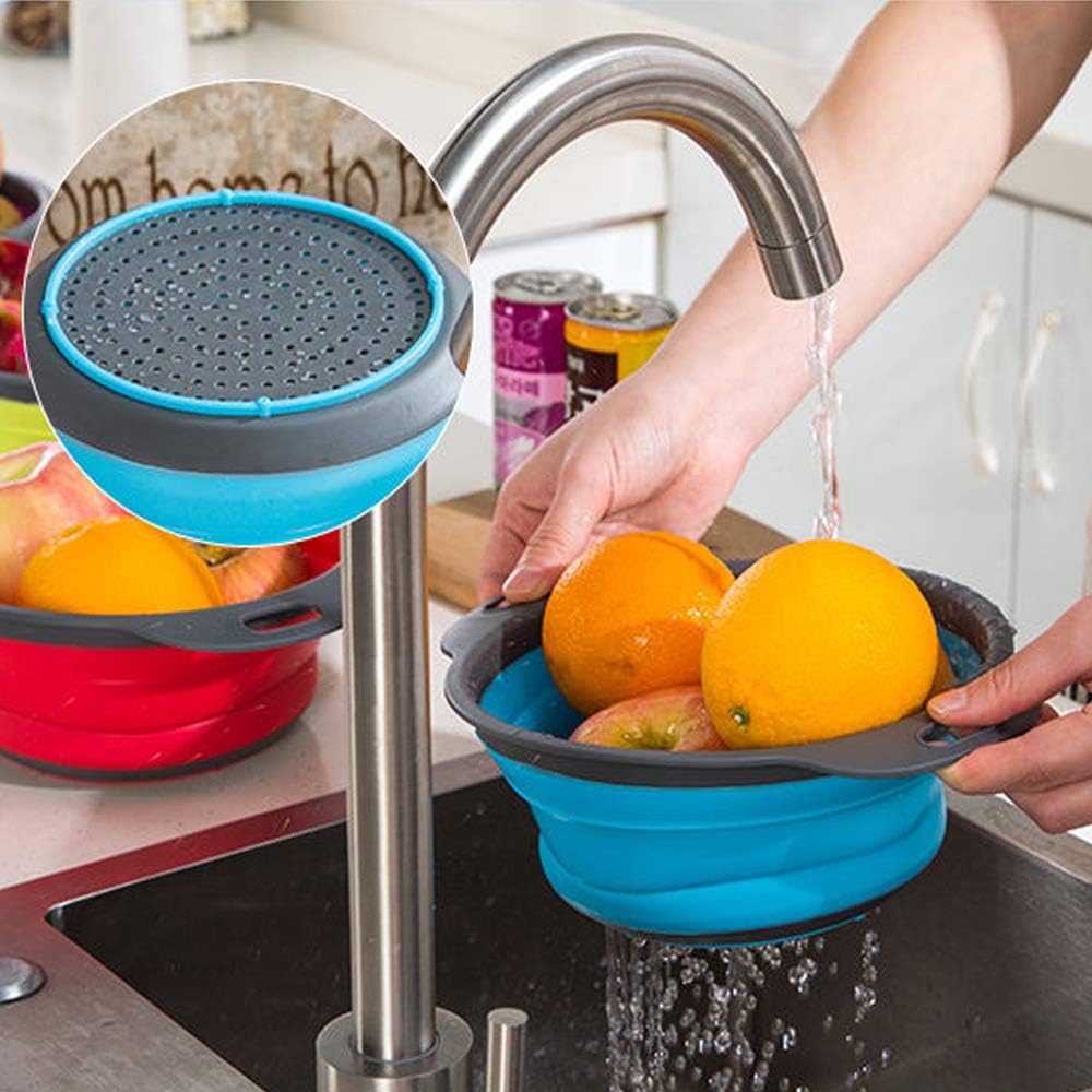 Collapsible Colander, BESUNTEK Strainer Set Round Food Silicone Kitchen for Draining Pasta, Vegetable and Fruit 2 pcs 4 Quart and 1 pcs 2 Quart (Orange + Green + Blue)
