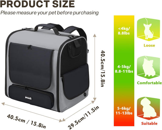Pecute Cat Backpack, Dog Backpack Carrier with Widened Interior Space,Stable and Secure Pet Car Seat for Sitting and Lying, Breathable Pet Transport Bag Suitable for Hiking, Trekking, Car TravelGray