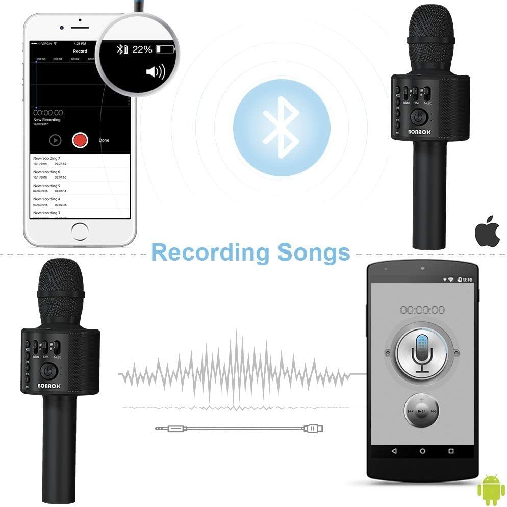 BONAOK Wireless Bluetooth Karaoke Microphone,3-in-1 Portable Instrument Wireless Microphone Mic Speaker Machine Home Party Birthday for All Smartphones(Black)