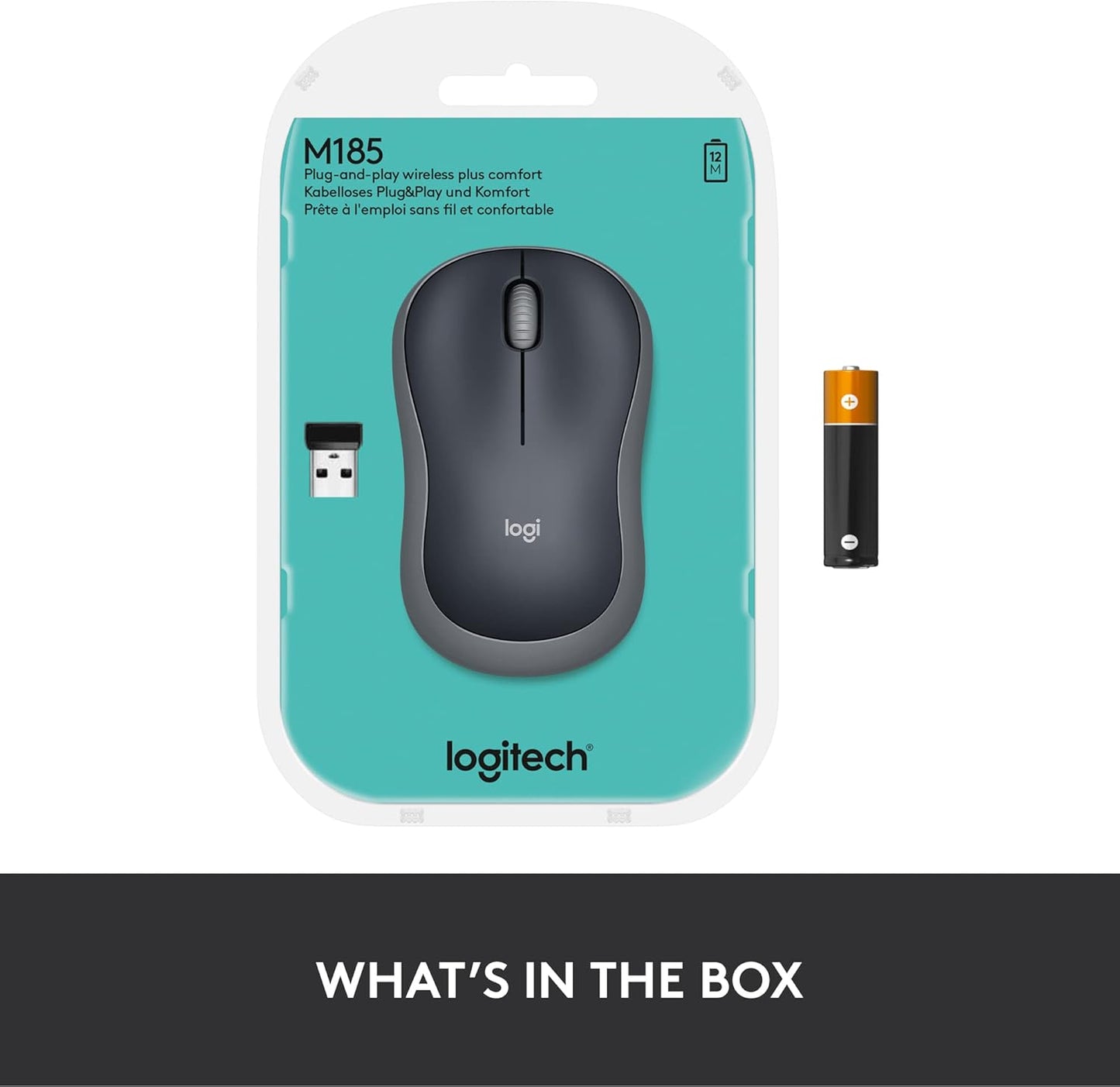 Logitech M185 Wireless Mouse, 2.4GHz with USB Mini Receiver, 12-Month Battery Life, 1000 DPI Optical Tracking, Ambidextrous, Compatible with PC, Mac, Laptop - Black