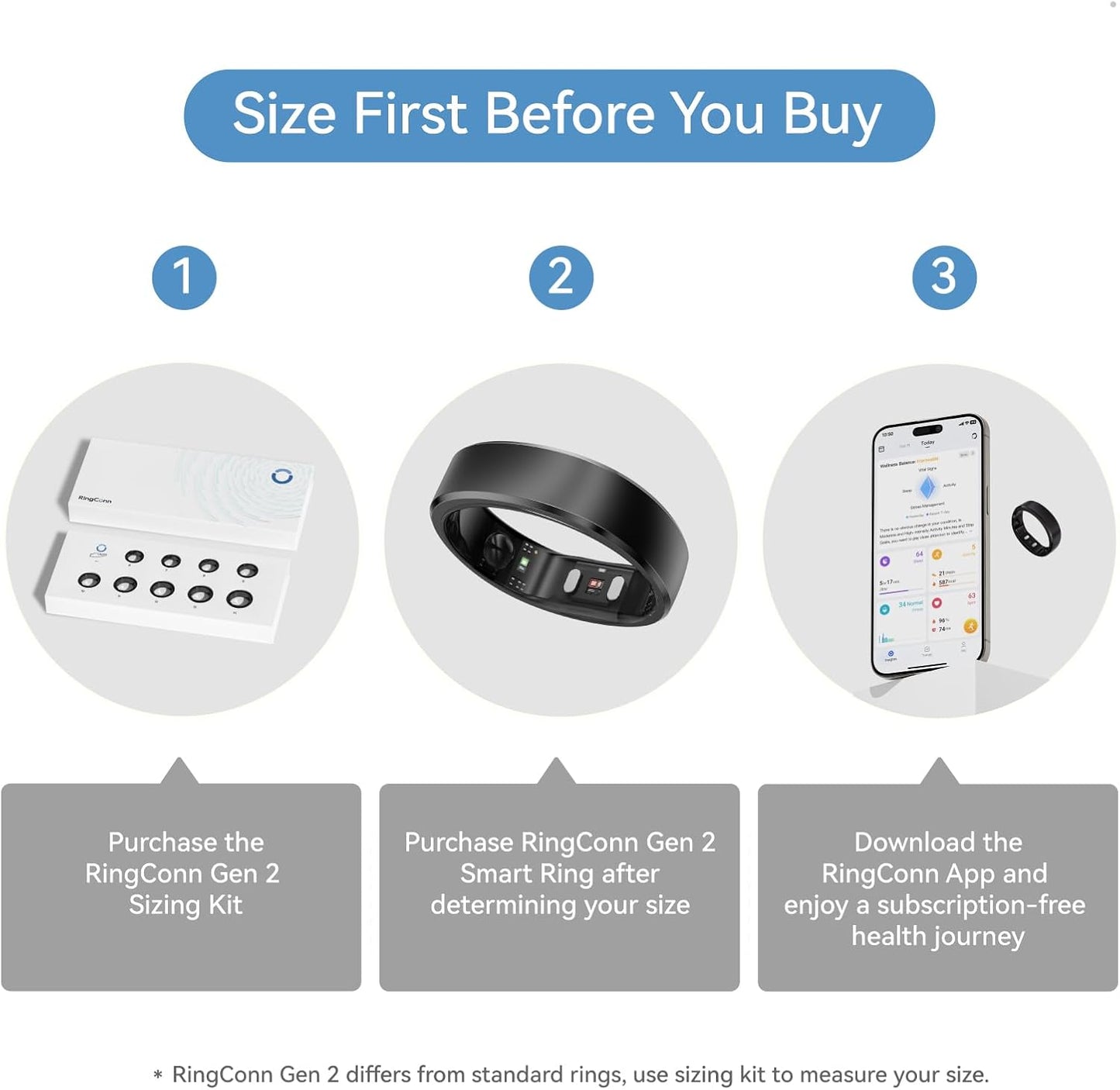 RingConn Gen 2 Smart Ring, No App Subscription, Size First with Sizing Kit, 12-Day Battery Life, Stress/Women's Health Tracker, Compatible with Android & iOS (Black, Size 8)