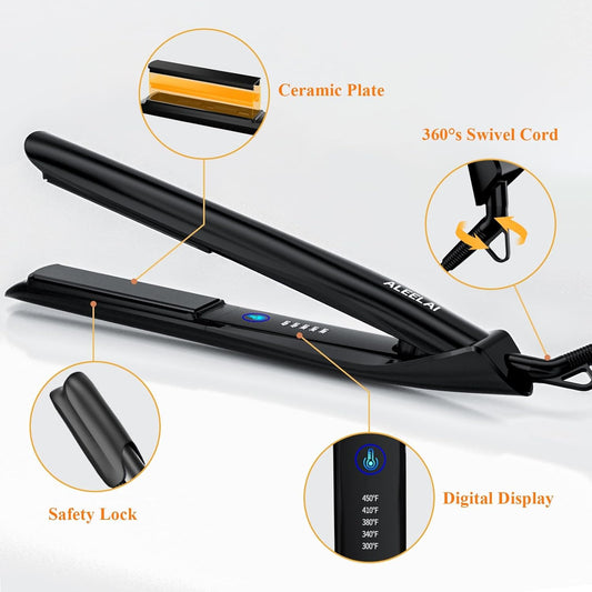 ALEELAI Flat Iron Hair Straightener and Curler 2 in 1 Plancha de Cabello with 3D Floating Plates, Smart Temperature Control, MCH Heating, Dual Voltage 100V-240V & 360° Rotatable Extra-Long Cord - PuriLite
