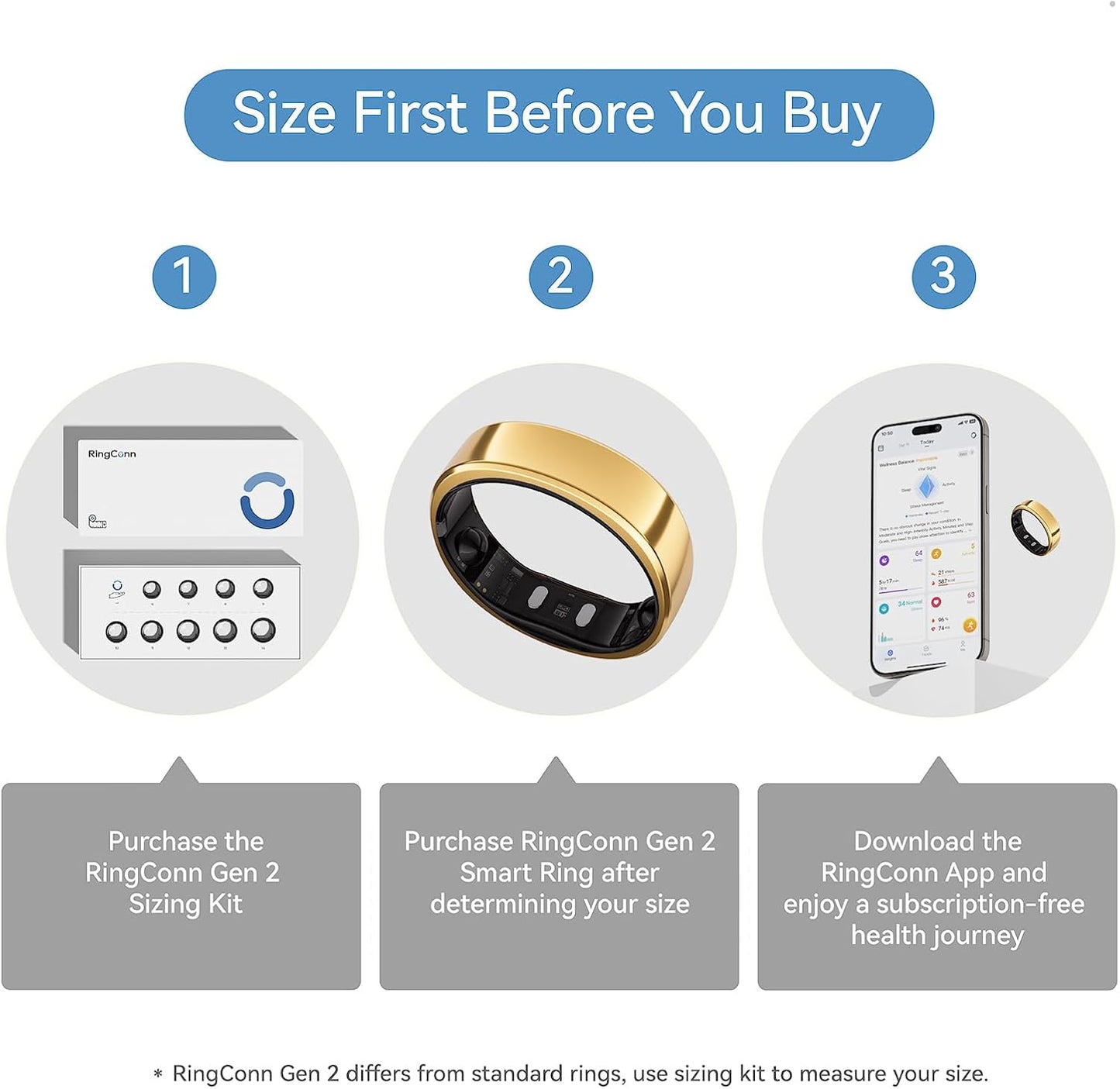 RingConn Gen 2 Smart Ring, No App Subscription, Size First with Sizing Kit, 12-Day Battery Life, Stress/Women's Health Tracker, Compatible with Android & iOS (Black, Size 8)