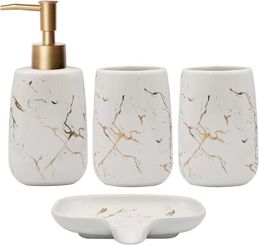 Qulable White Bathroom Accessories Set Complete, 4 Pcs Ceramic Bathroom Decorations Accessories Sets Includes Lotion Dispenser, 2 Tumblers and Soap Dish for Bath Decor, Countertop Vanity Organize - PuriLite