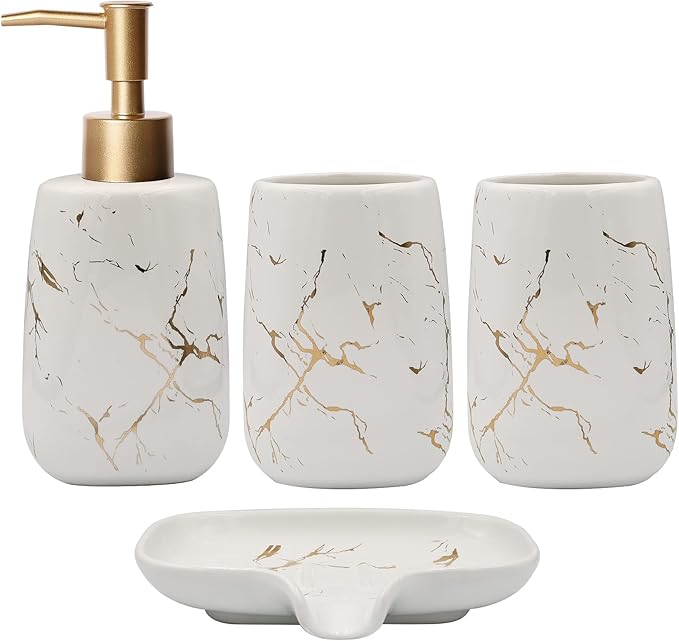 Qulable White Bathroom Accessories Set Complete, 4 Pcs Ceramic Bathroom Decorations Accessories Sets Includes Lotion Dispenser, 2 Tumblers and Soap Dish for Bath Decor, Countertop Vanity Organize