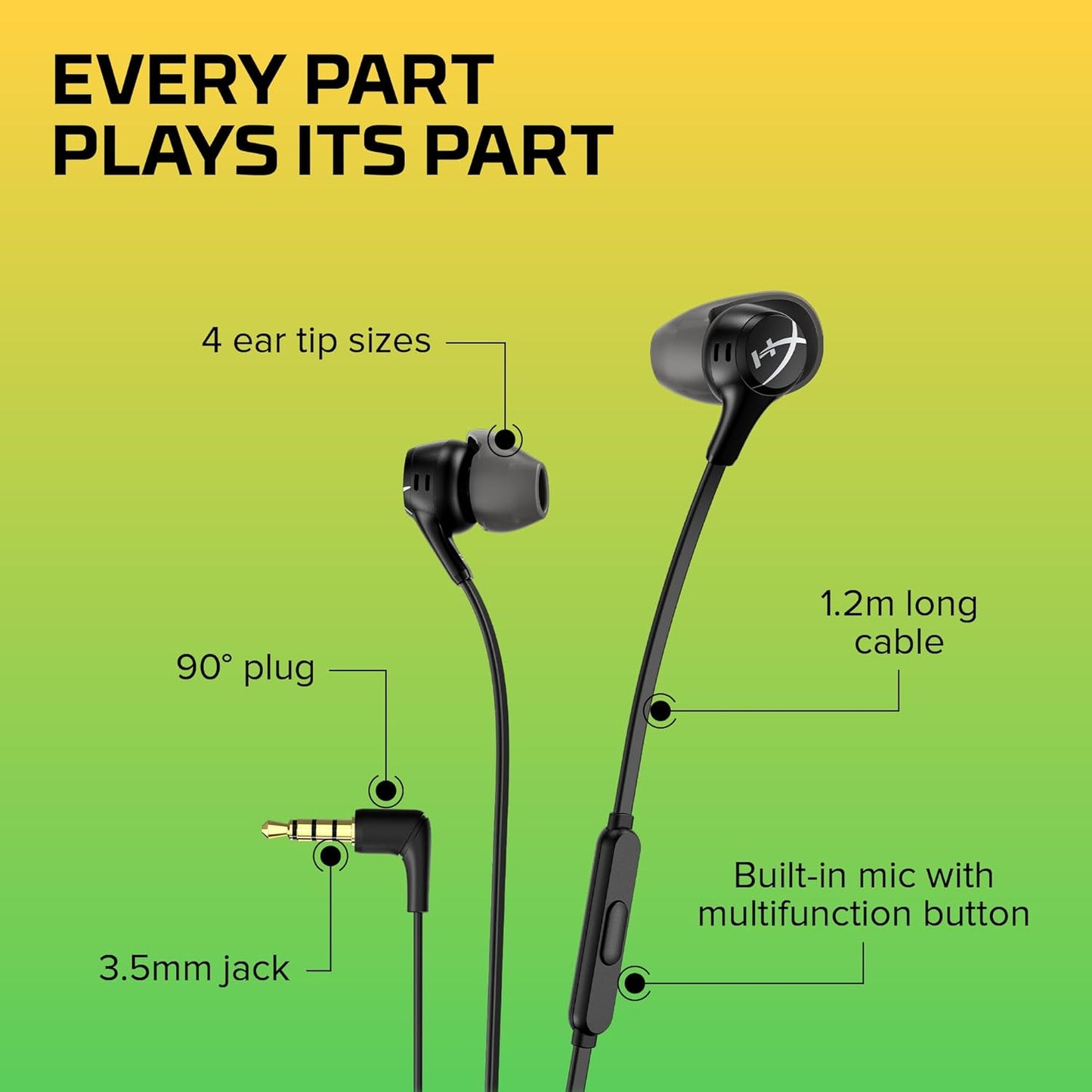 HyperX Cloud Earbuds II – 14mm Drivers, Four Eartips, Hard-Shell Carrying Case, Low-Profile 90° Plug, 3.5mm Plug, Built-in Microphone, Multi-Function Button, PC, Mobile, Nintendo Switch – Black