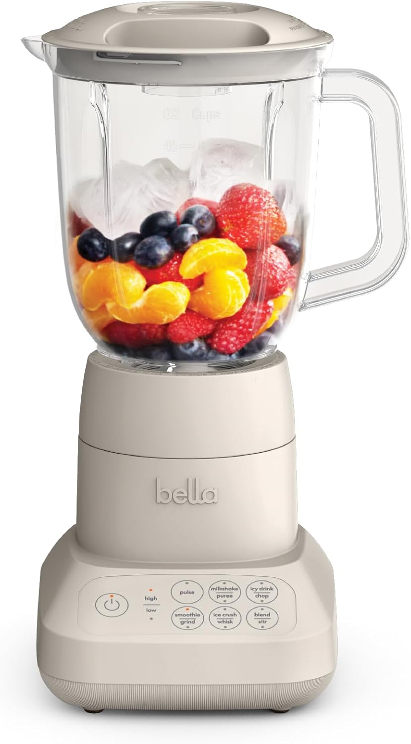 Bella 10-Speed Countertop Blender, Juicer and Smoothies, Fits Anywhere™, Slim Design with Lid and Lid for Dishwasher Stainless Steel Carafe, 450W, Surf