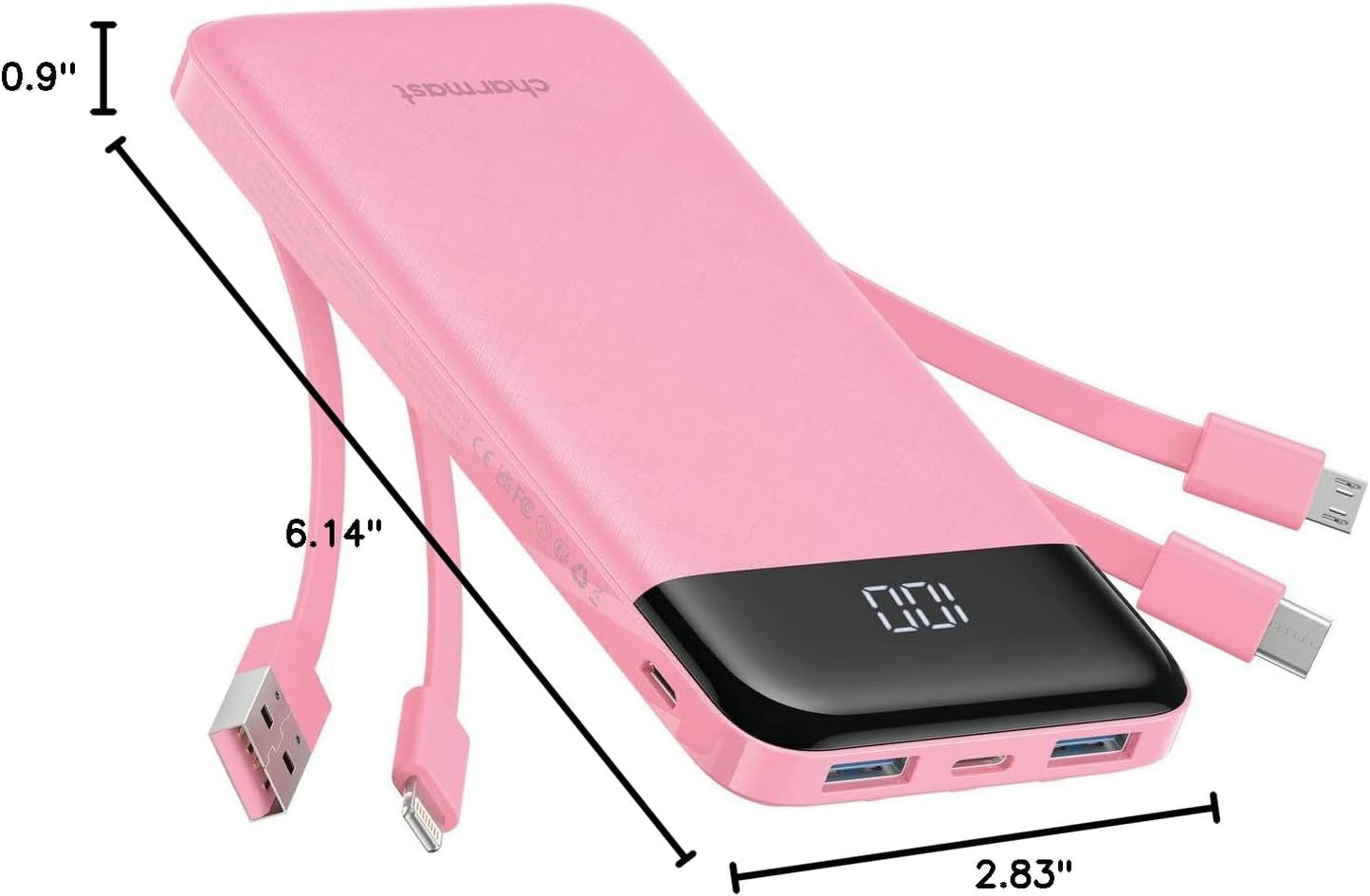 Charmast Portable Charger with Built in Cables, Power Bank with Cords Wires, Slim 10000mAh Travel Battery Pack 6 Outputs 3 Inputs 3A Fast Charging for Samsung Google Pixel LG Moto iPhone iPad
