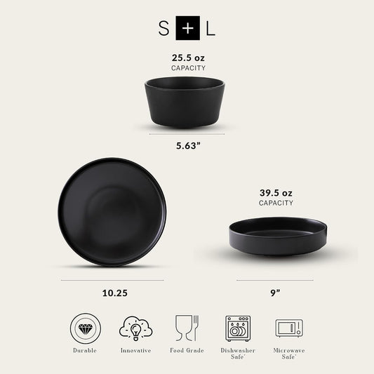 Stone Lain Celina Stoneware 12-Piece Dinnerware Set, Cereal and Pasta Bowls, Black