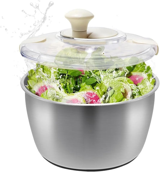 Cenroelon Stainless Steel Salad Lettuce Spinner Quick Manual Compact with Lid,Basin Drain Frame Non-Slip Base