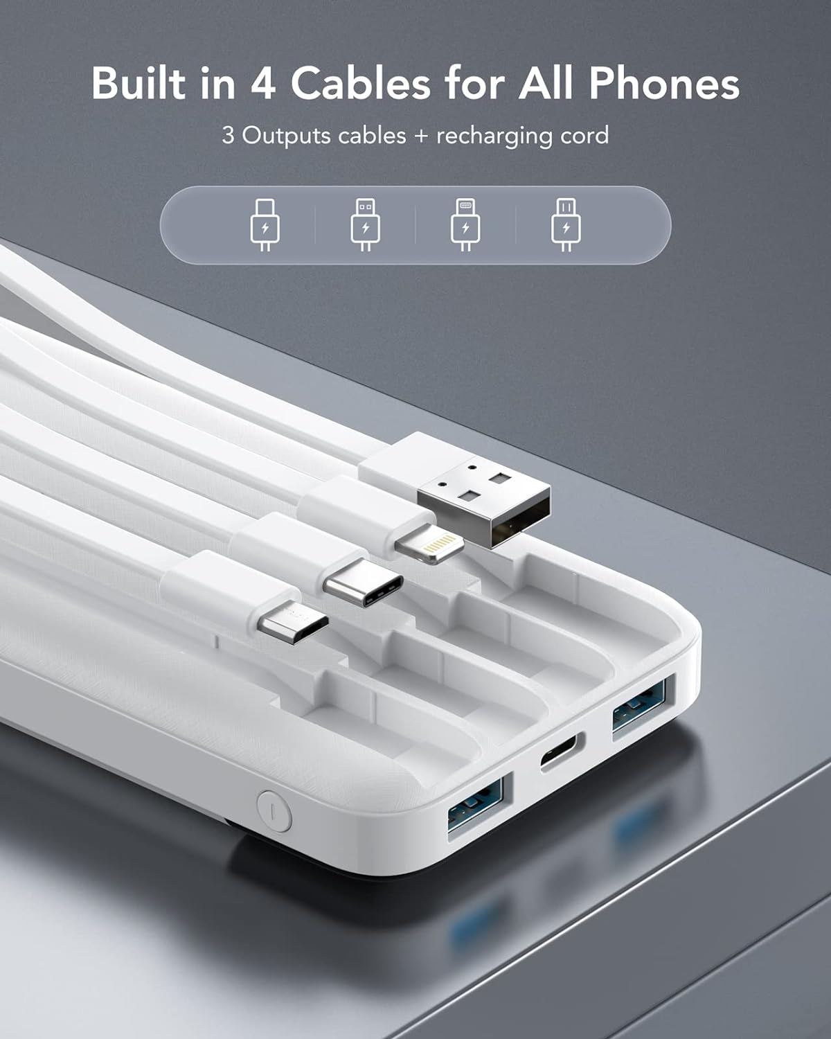 Charmast Portable Charger with Built in Cables, Power Bank with Cords Wires, Slim 10000mAh Travel Battery Pack 6 Outputs 3 Inputs 3A Fast Charging for Samsung Google Pixel LG Moto iPhone iPad