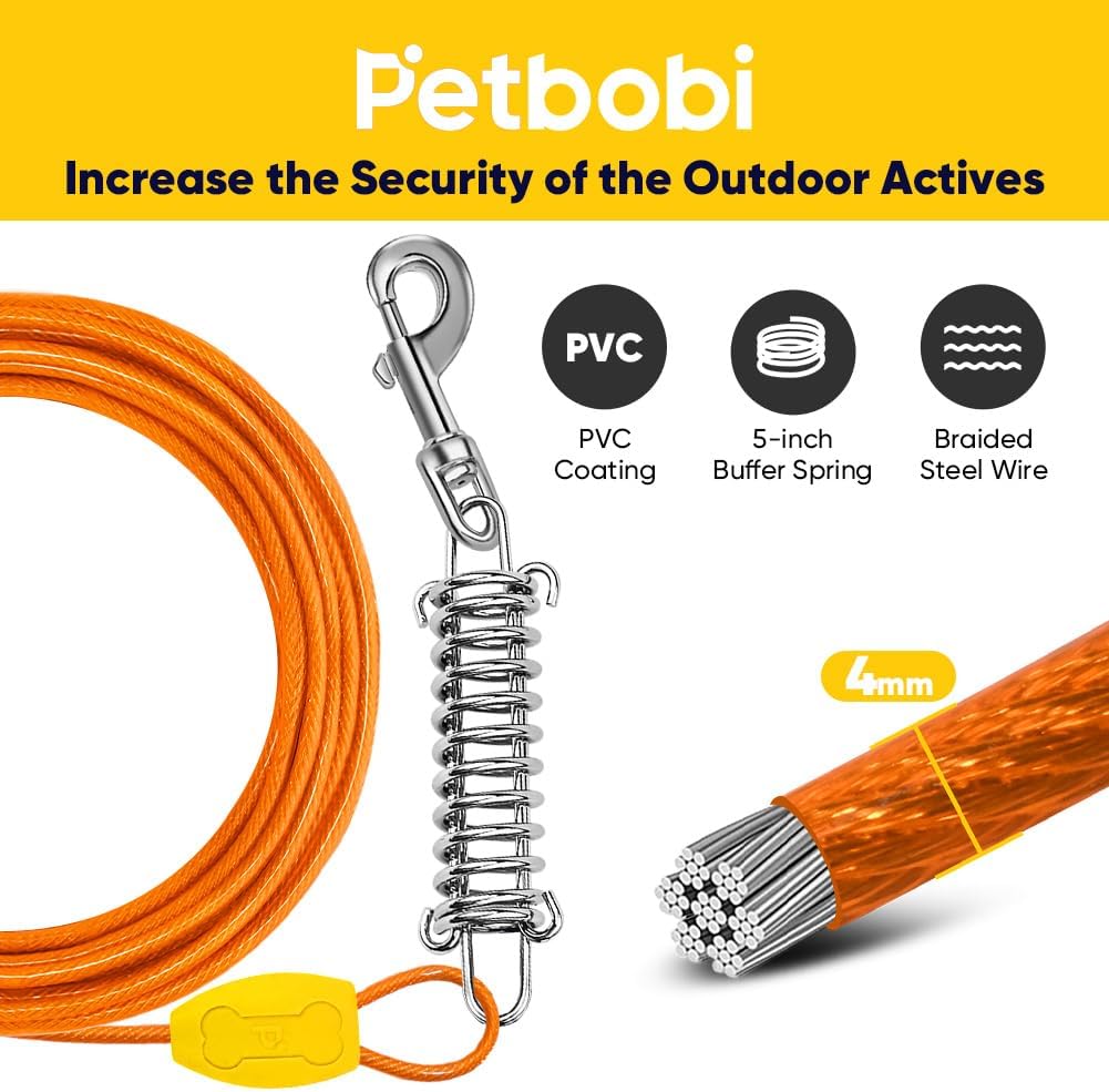 Petbobi Dog Tie-Out Cable and Stake - 30ft Heavy Duty Cable with Spring, No Tangle, 16in Ground Stake, Ideal for Yard, Camping and Beach, Suitable for Small Medium Large Dogs Up to 120 lbs, Blue