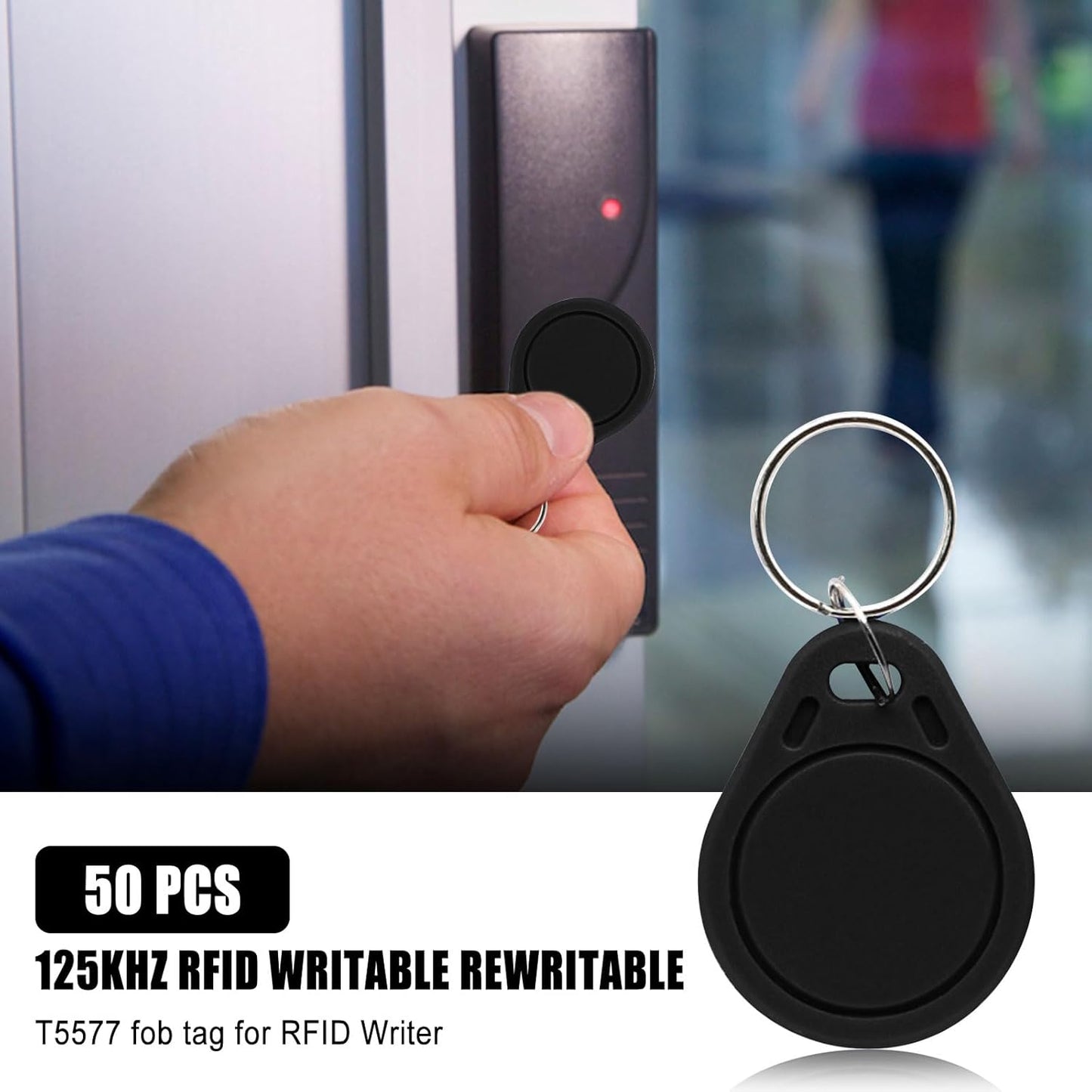 RFID Key Fobs 125KHz 50 PCS, T5577 Proximity ID Tag Rewritable Keypad Card Door Lock Entry Access Control System Fob Tag Wholesale (Black)
