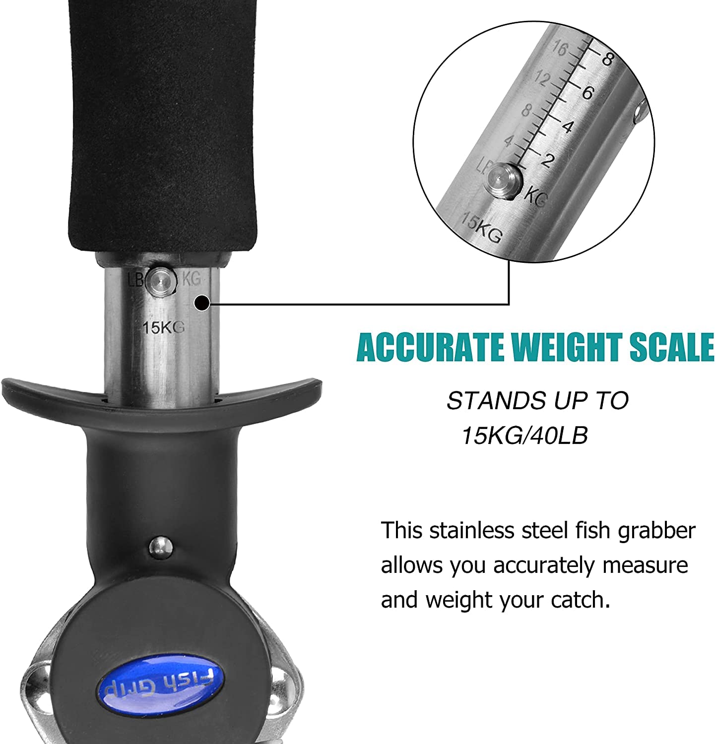 Fish Lip Gripper With Scales - Portable Stainless Steel Holder and Grabber Tool - 40 Pound Capacity With Weight Scale, Ruler and Lanyard