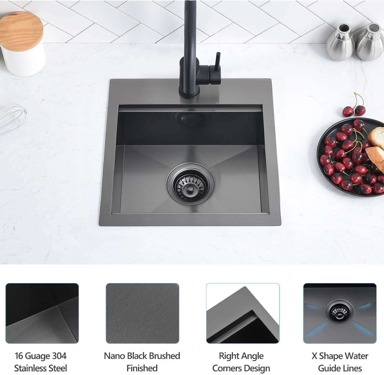15 Black Stainless Steel Drop in Kitchen Bar Sink, Scamall 15X15X9 Inches Topmount Small Bar Sinks - 16 Gauge Matte Black Stainless Steel Workstation Kitchen Bar Sink SM021-1SBG