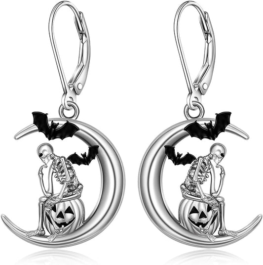 Halloween Skeleton Earrings for Women Pumpkin Bat Skeleton Skull Earrings Sterling Silver Spooky Horror Scary Earring Gothic Jewelry Holiday Christmas Gifts, Sterling Silver, Cubic Zirconia