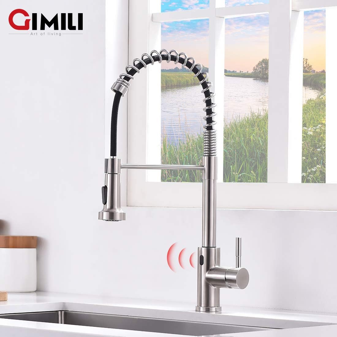 GIMILI Matte Black Kitchen Faucet with LED Light,Single Hole Spring Kitchen Sink Faucet with Pull Down Sprayer