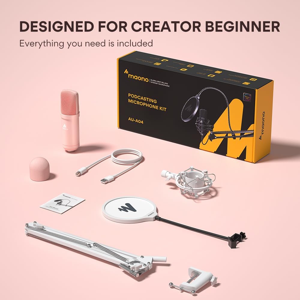 USB Microphone, MAONO 192kHz/24Bit Plug & Play PC Computer Podcast Condenser Cardioid Metal Mic Kit with Professional Sound Chipset for Recording, Gaming, Singing, YouTube (AU-A04)