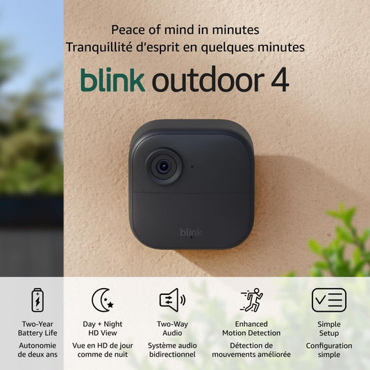 Blink Outdoor 4 (newest model) – Wireless smart security camera, two-year battery life, 1080p HD day and infrared night live view, two-way talk. Sync Module Core included – 3 camera system