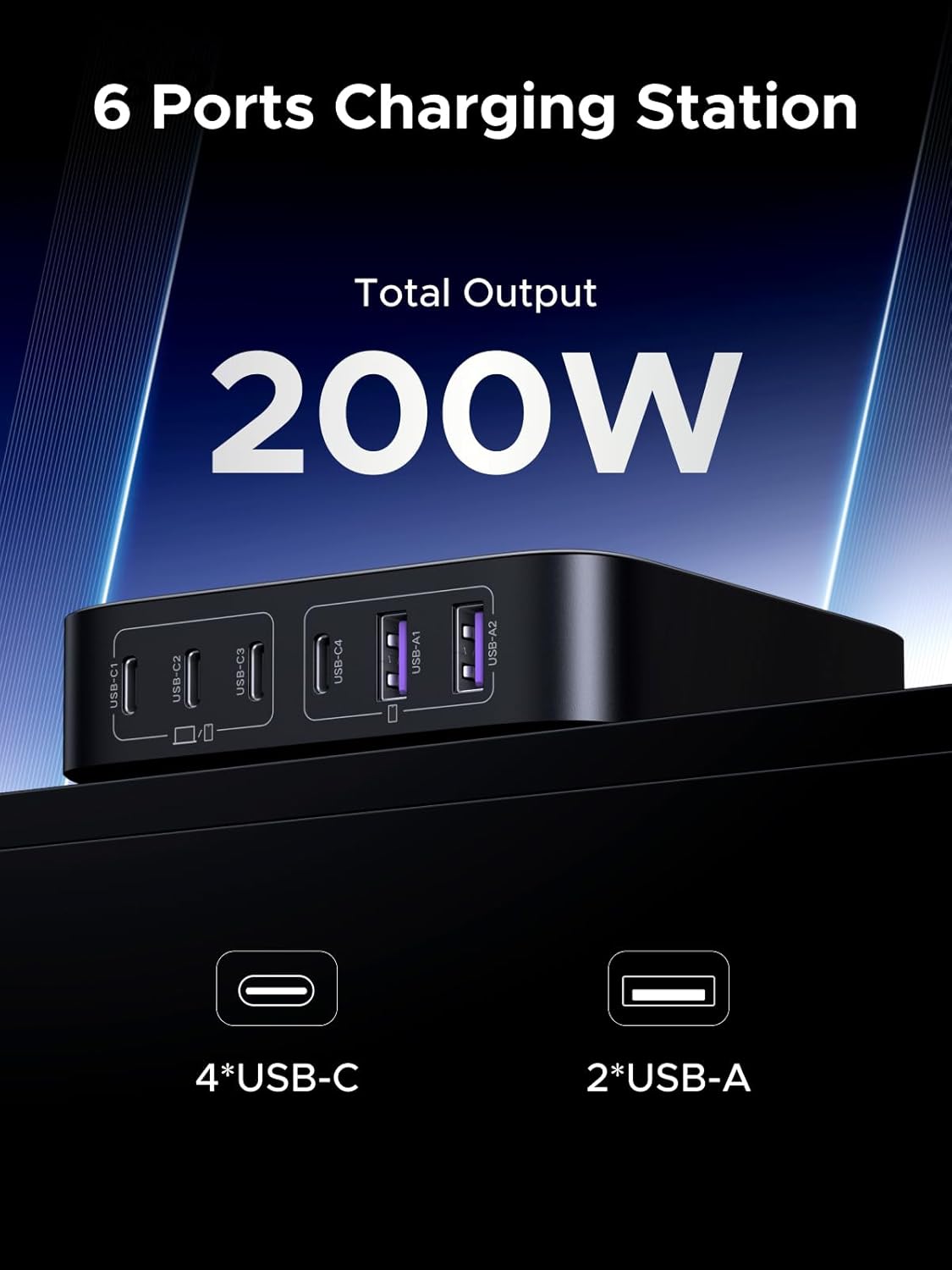 UGREEN Nexode 200W USB C Charger, 6 Ports GaN Desktop PD Fast Charger Compatible for MacBook Pro/Air, iPad Pro/Air, iPad, Dell XPS, Galaxy S22/S21, iPhone 15/14/13, Pixel, Steam Deck and More