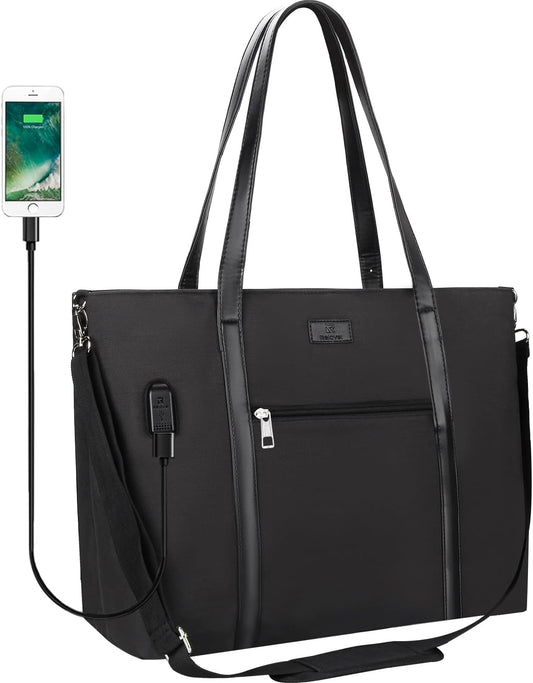 Laptop Bag for Women 17.3 Inch Laptop Tote Bag Large Work Tote Bag Waterproof Work Bag Teacher Bag with USB Charging Port Computer Tote Bag Nylon Handbag Satchel Shoulder Bag(17.3 inch, Black) - PuriLite