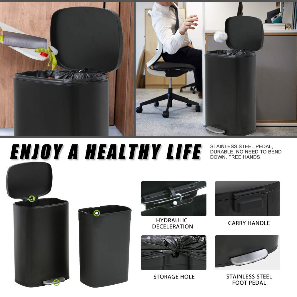 13 Gallon/50 L Garbage Can Kitchen Trash Can with Lid for Office Bedroom Bathroom Step Trash Bin Fingerprint-Proof Brushed Stainless Steel
