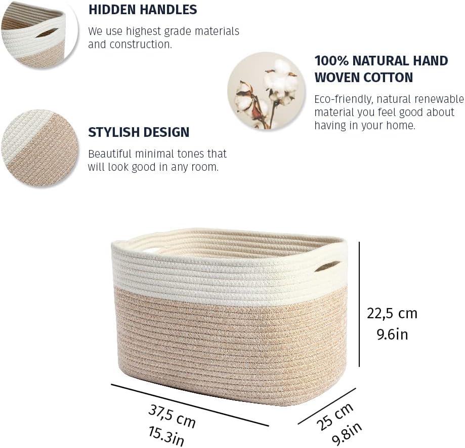 OrganiHaus Soft Woven Baskets for Storage Organization Set of 3, Cotton Rope Nursery Storage Baskets for Shelves, Square Book Bins, Bathroom Towel Hamper, Dog Toy Bins, Panier Rangement - Light Honey
