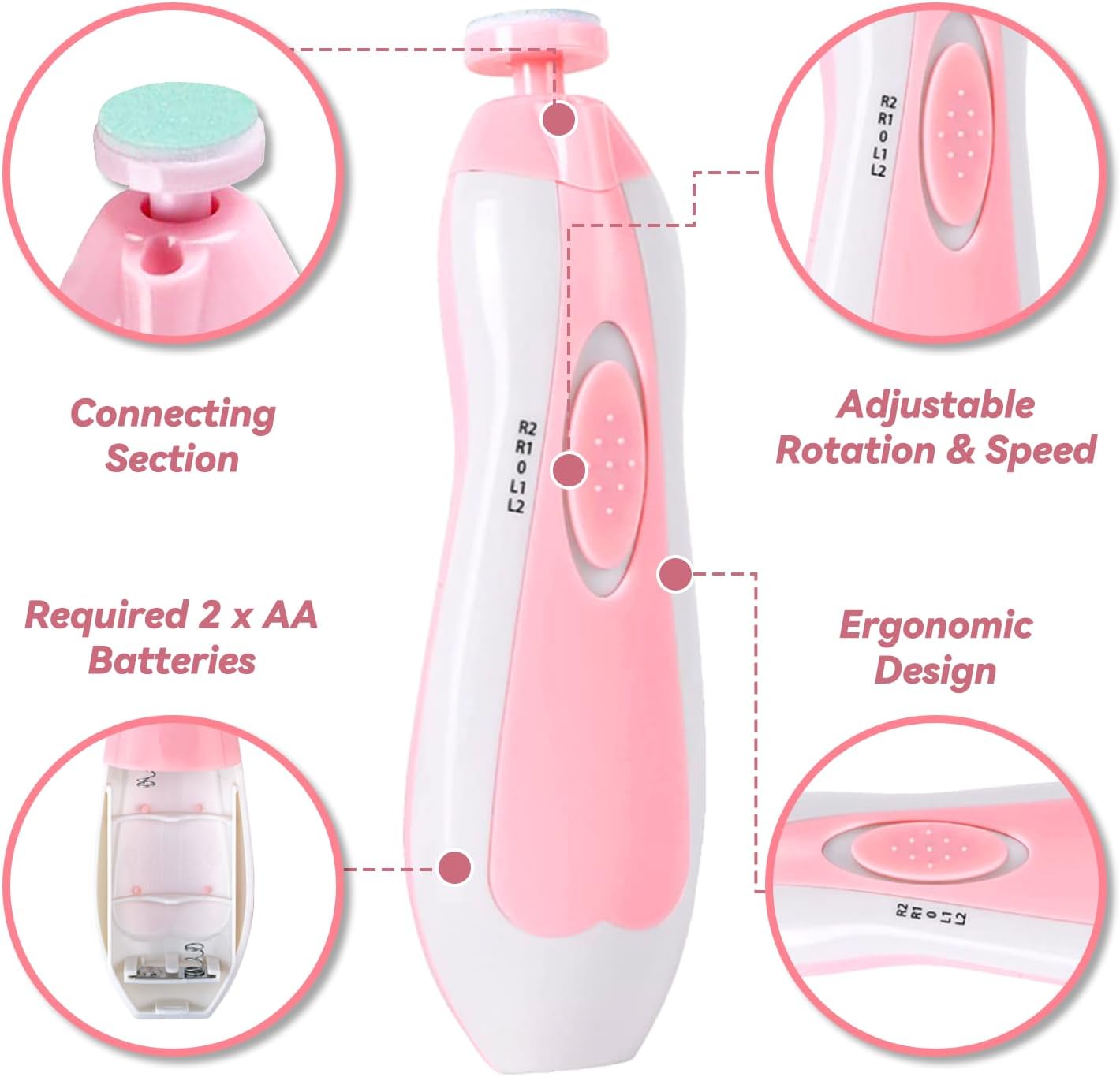 Baby Nail Clippers 20 in 1 | Safe Electric Baby Nail Trimmer, Baby Nail File Kit, Additional Replacement Heads, Newborn Toddler Toes and Fingernails, Trim and Polish (Pink)