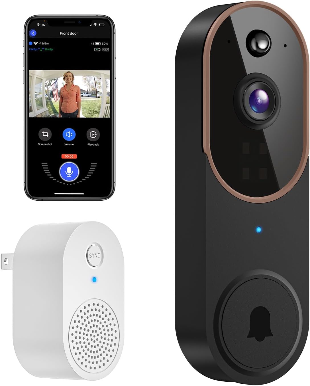 Occuwave 1080P Video Doorbell Camera Wireless with Chime Ringer, Cloud Storage, Live Image, 2-Way Audio, Night Vision, 2.4Ghz WiFi, Indoor Surveillance, Real-Time Alert (Brown+Black)