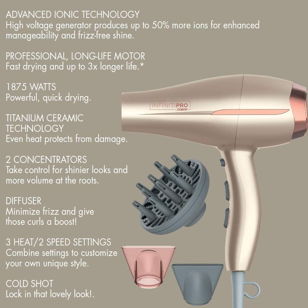 InfinitiPRO by Conair 750C Frizz Free Pro Dryer, 3 Heat/2 Speed Settings, Includes Diffuser and 2 Contentrators, Rose Gold, Hair Dryer