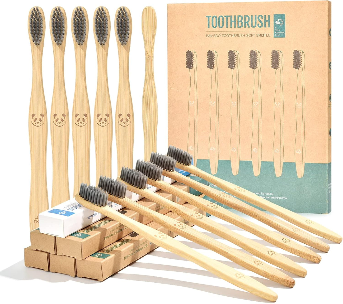 Y-Kelin 12 Pcs Bamboo Toothbrush Eco-Friendly Products - Natural Wooden Handle Charcoal Black Bristles, Biodegradable Recyclable Package.